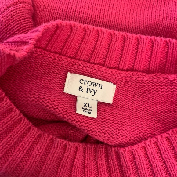 Hot pink cardigan with dot pattern and wide sleeve that tapers at wrist. - Picture 1 of 3